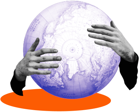 Graphic illustration of hands hugging world map