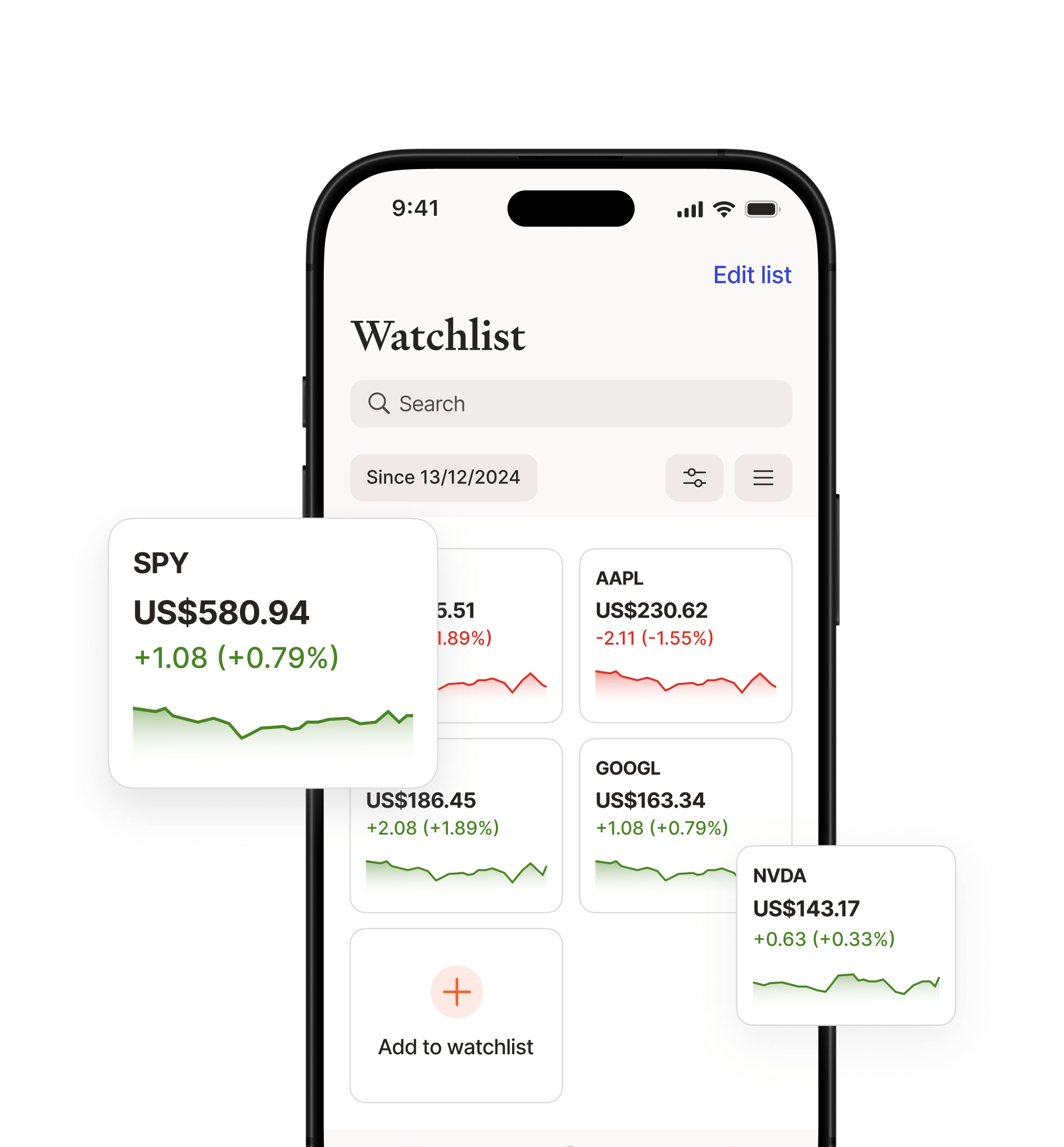 Mobile device with Sharesight app user interface in light mode