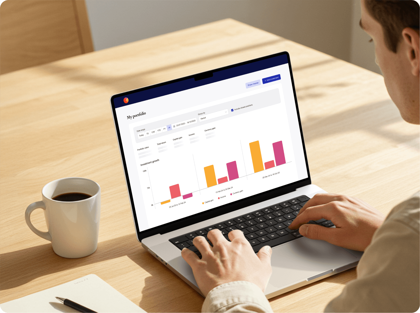 Sharesight dashboard on laptop showing 50% discount offer