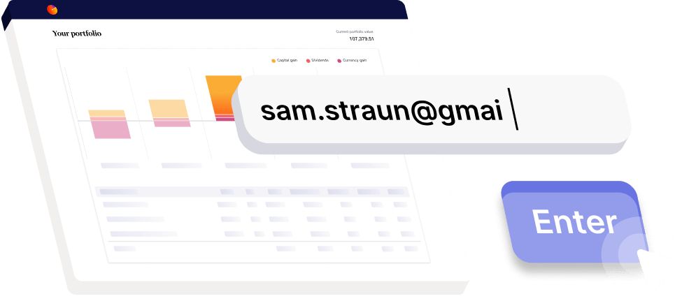 User Interface of Sharesight's stock portfolio tracker with overlaid email field graphic