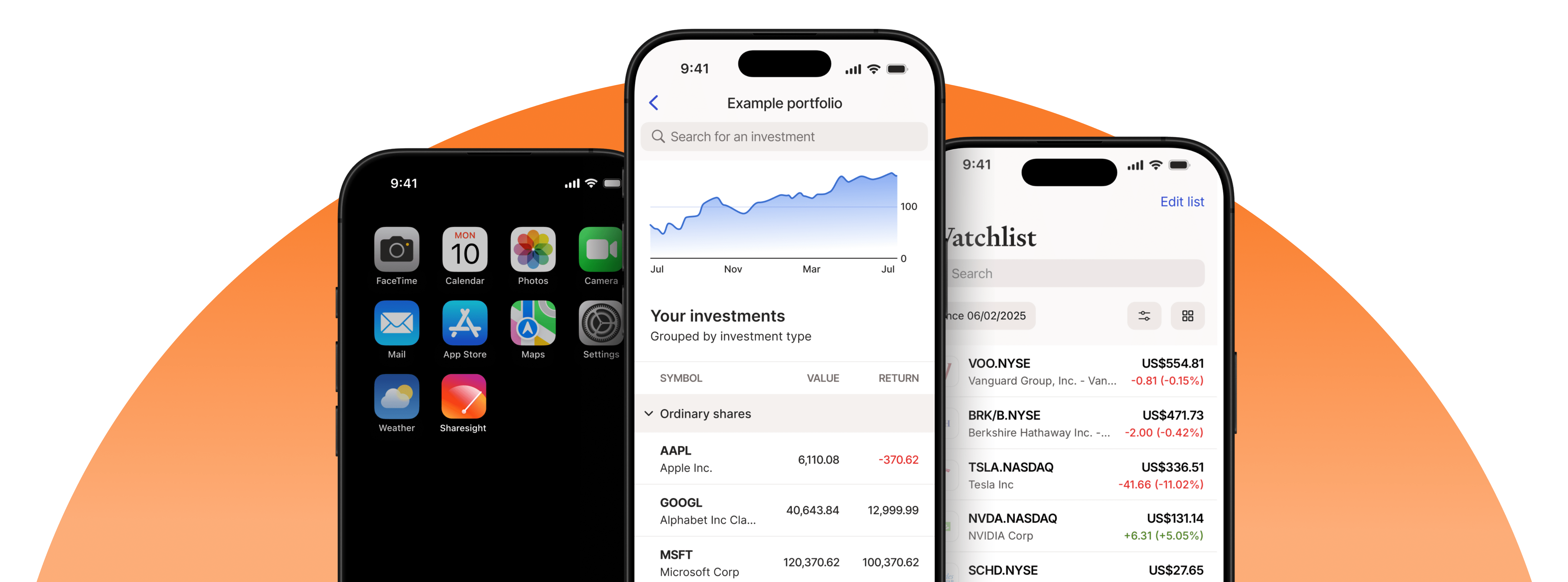 Mobile device with Sharesight app user interface in dark mode overlayed on a blue line graph
