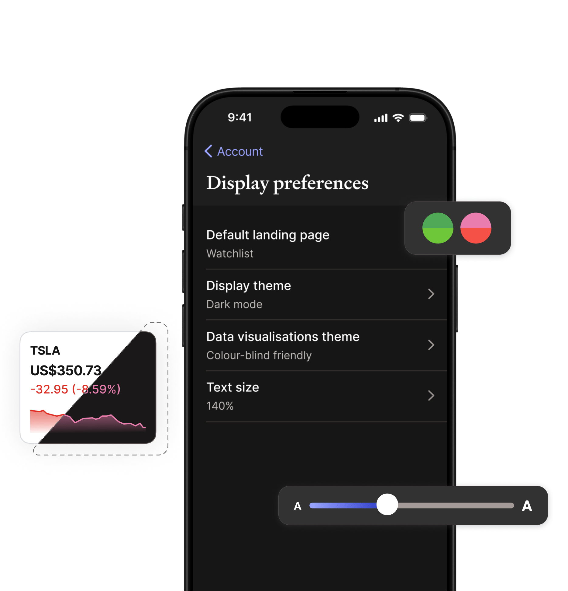 Mobile device with Sharesight app display preferences user interface in dark mode