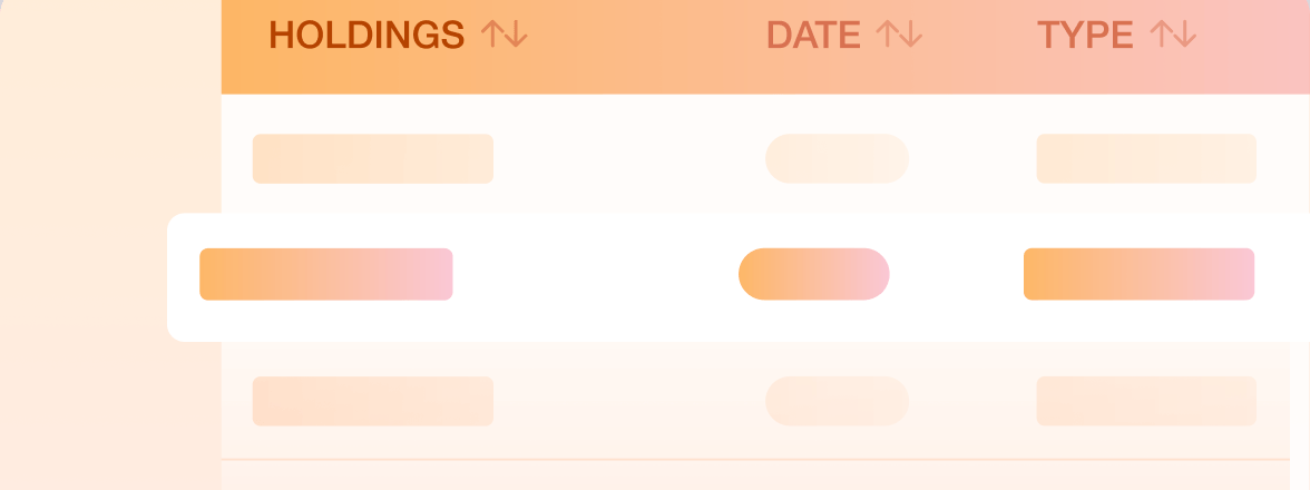 Stylised illustration of the all trades report as a table with sortable Holdings, Date and Type columns and a single highlighted row representing a selected trade