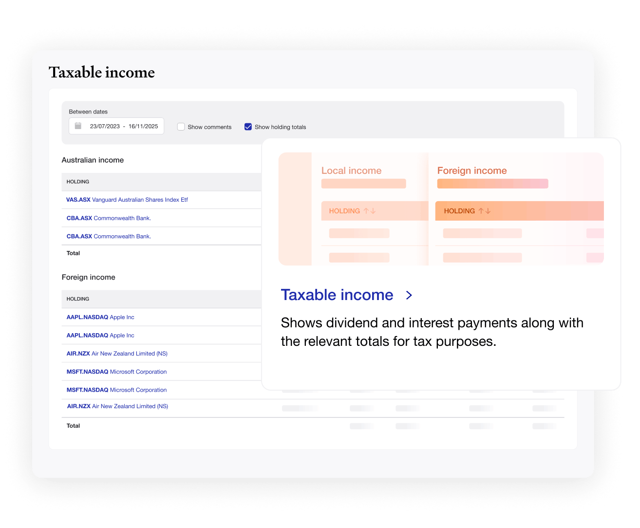 Sharesight taxable income report showing dividend, distribution and interest payments broken out by local and foreign income